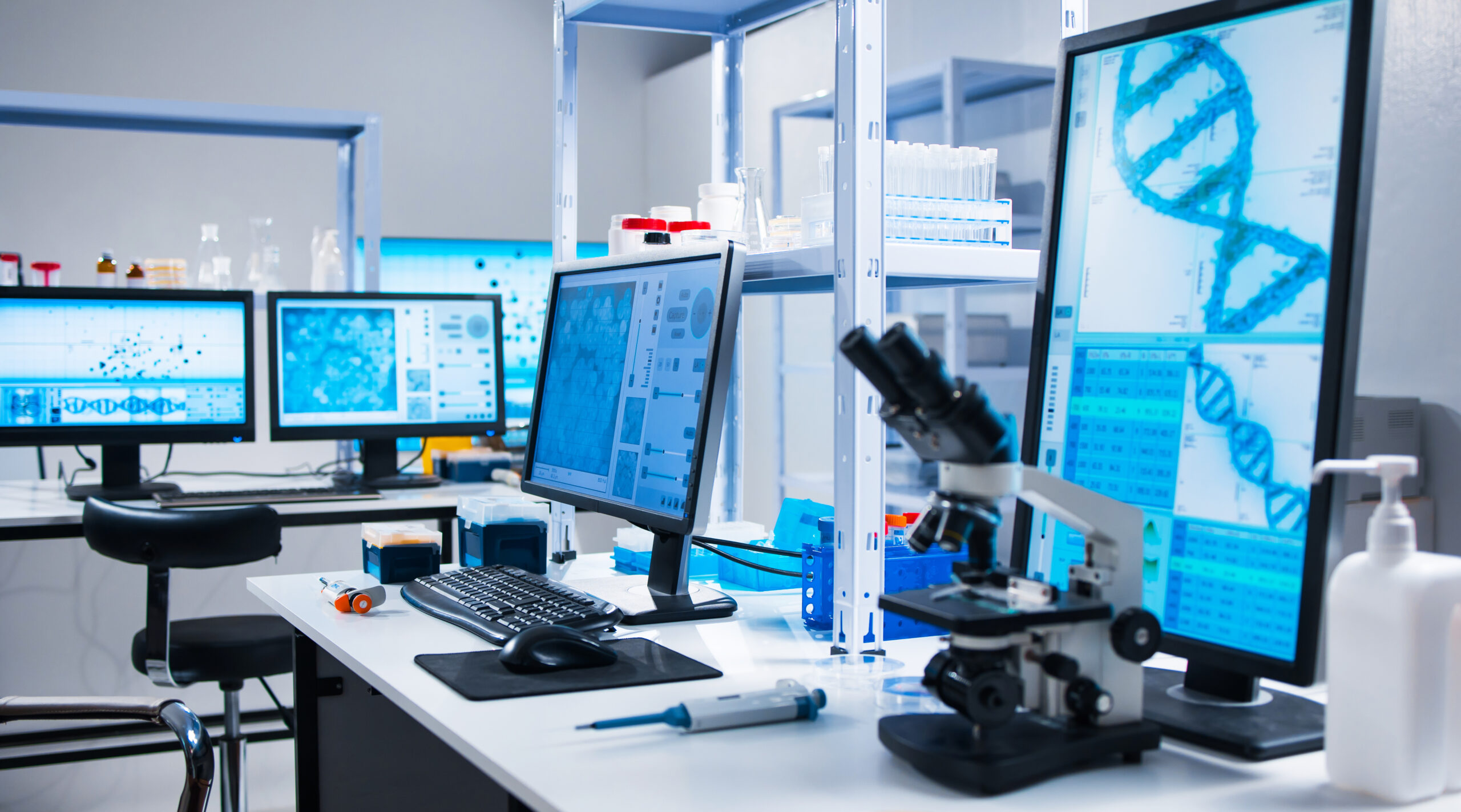 Interior of modern scientific research laboratory. Genetic engineer workplace. Future technology and science.
